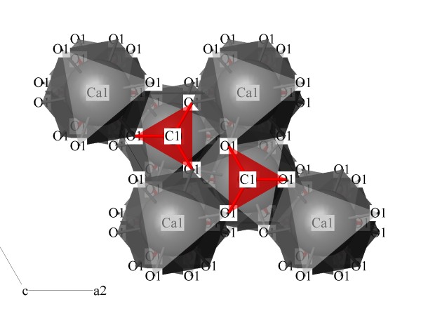 koordinan polyedry kalcitu v ezu (0001)